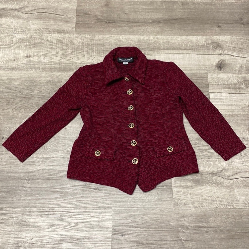 St John Collections by Marie Gray Crimson/Black/Metallic YarnTweed Blazer - Picture 2 of 14